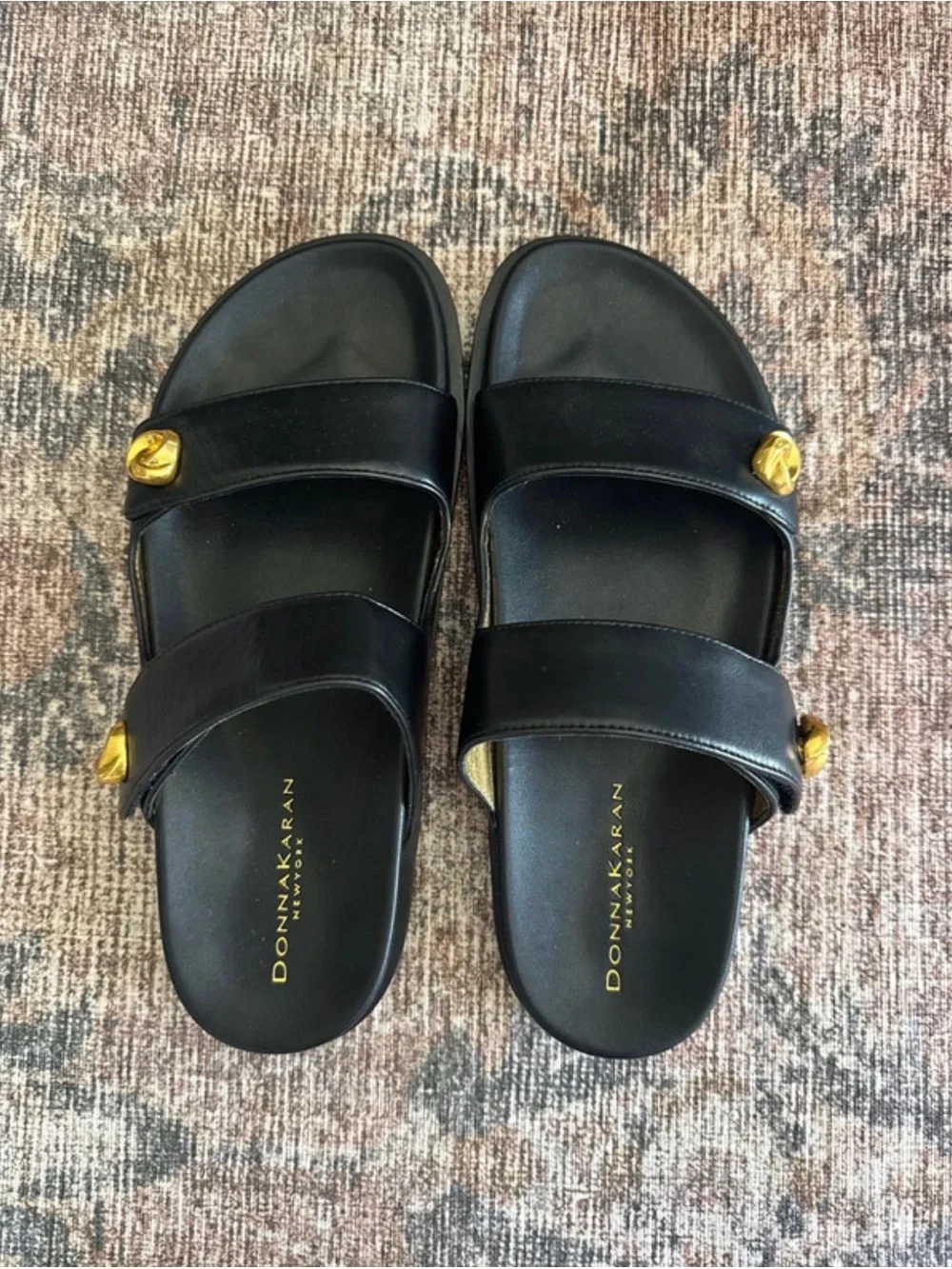 Donna Karan Black Leather Double-Strap Slides with Gold Accents